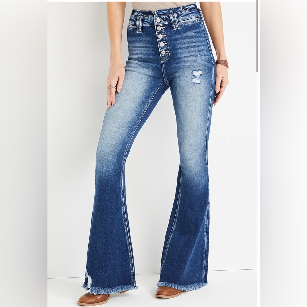 KanCan Flare High Rise Ripped Button Fly Jean